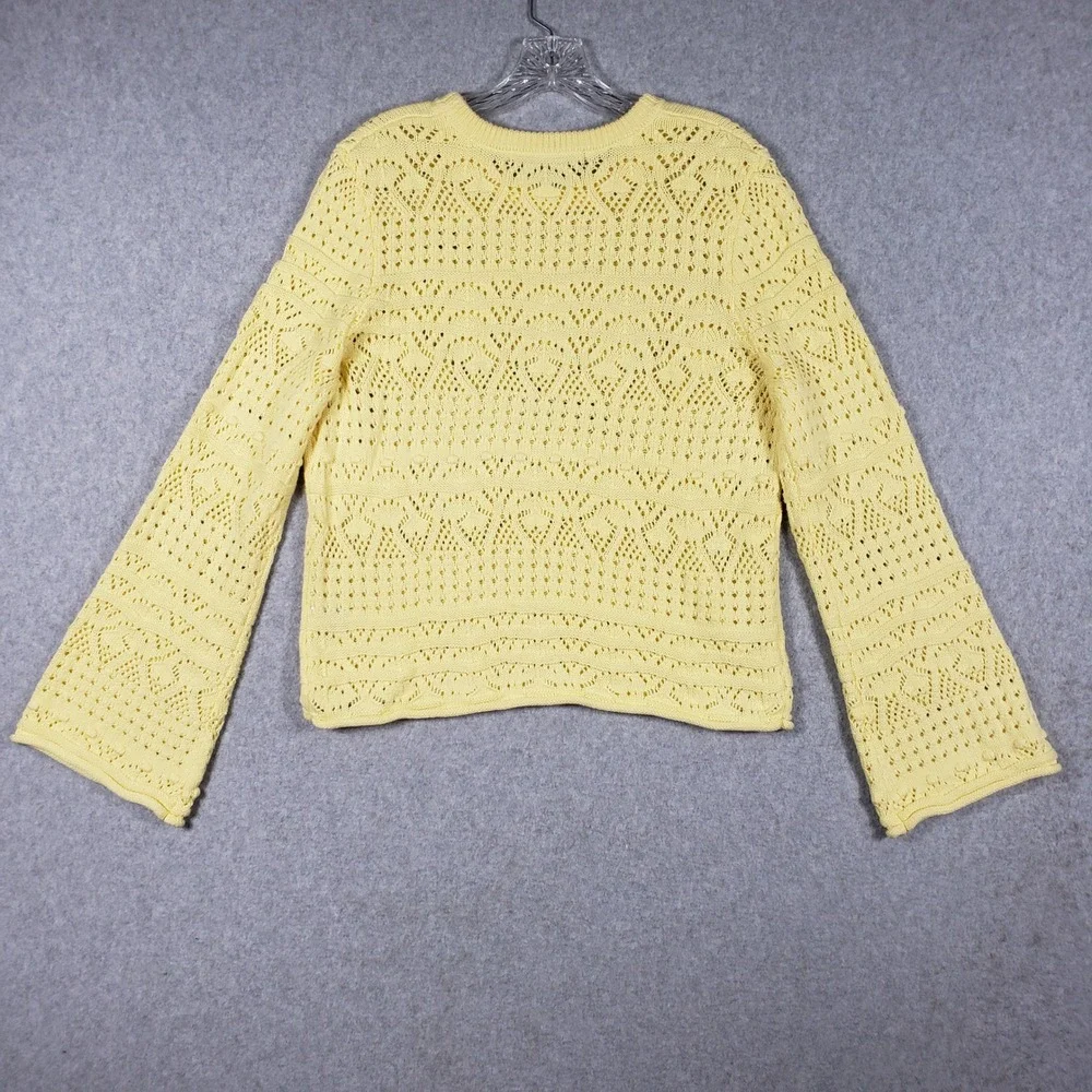 French Connection L Yellow Pointelle Knit Sweater‎ Scalloped Hem Bell Sleeve Top